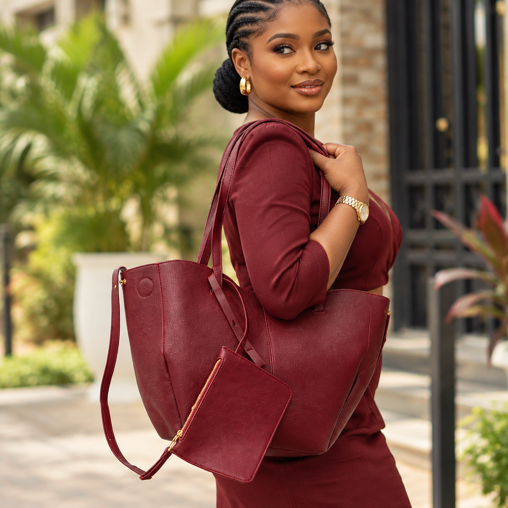 Nigerian woman carrying burgundy tote and matching pouch