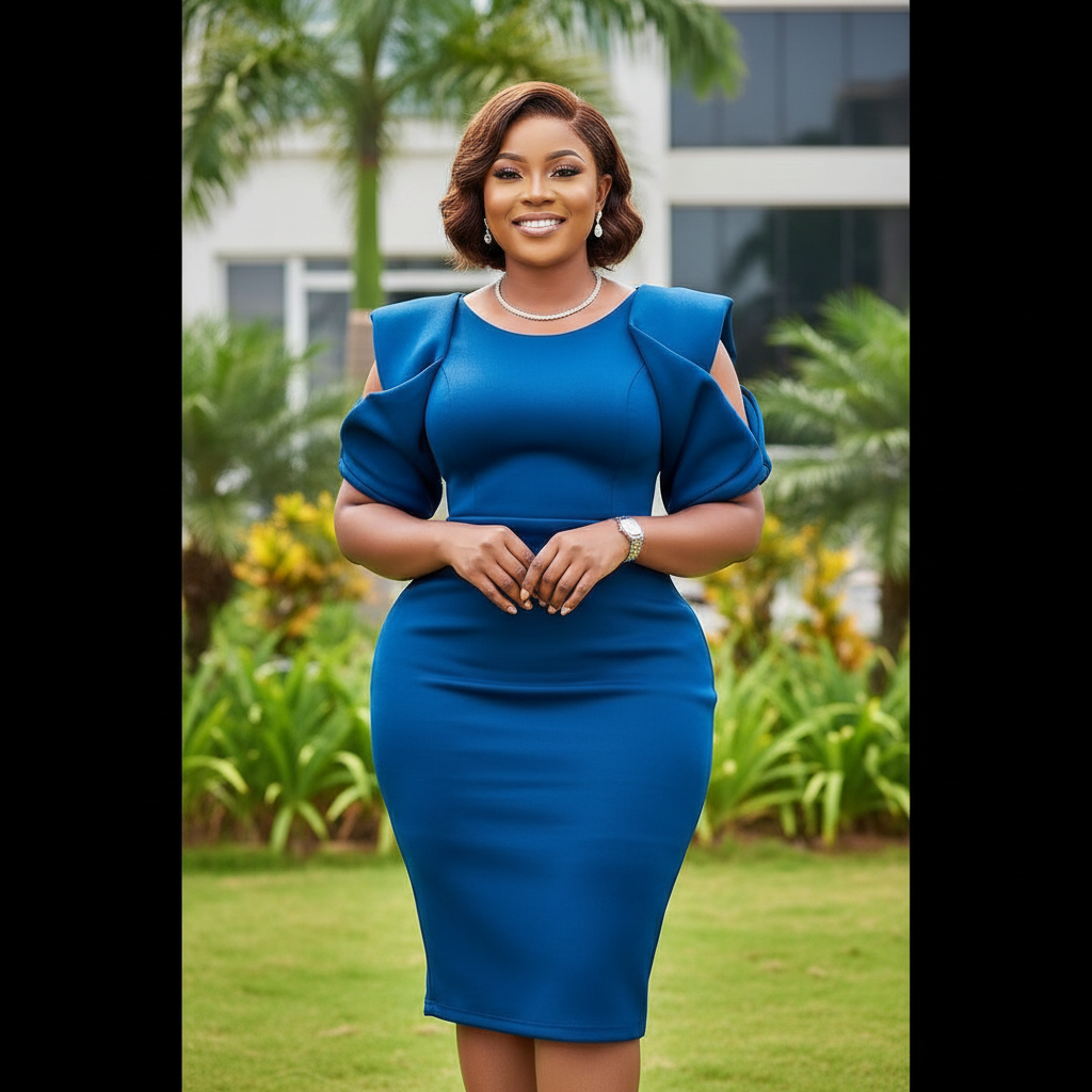 Nigerian female model wearing royal blue cold-shoulder puff sleeve bodycon midi dress