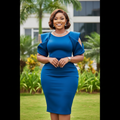 Nigerian female model wearing royal blue cold-shoulder puff sleeve bodycon midi dress