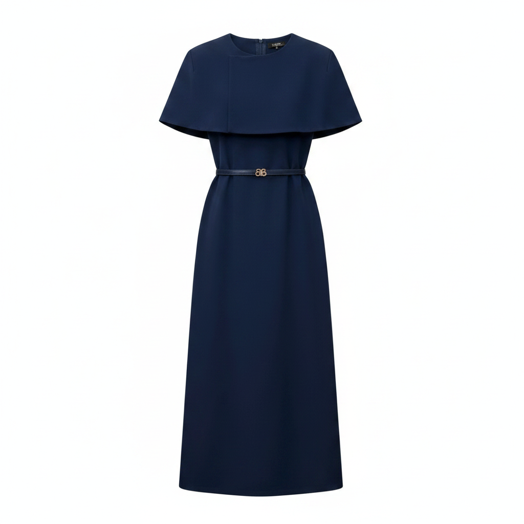 Women's cape-overlay belted midi dress in navy blue – ghost mannequin front view