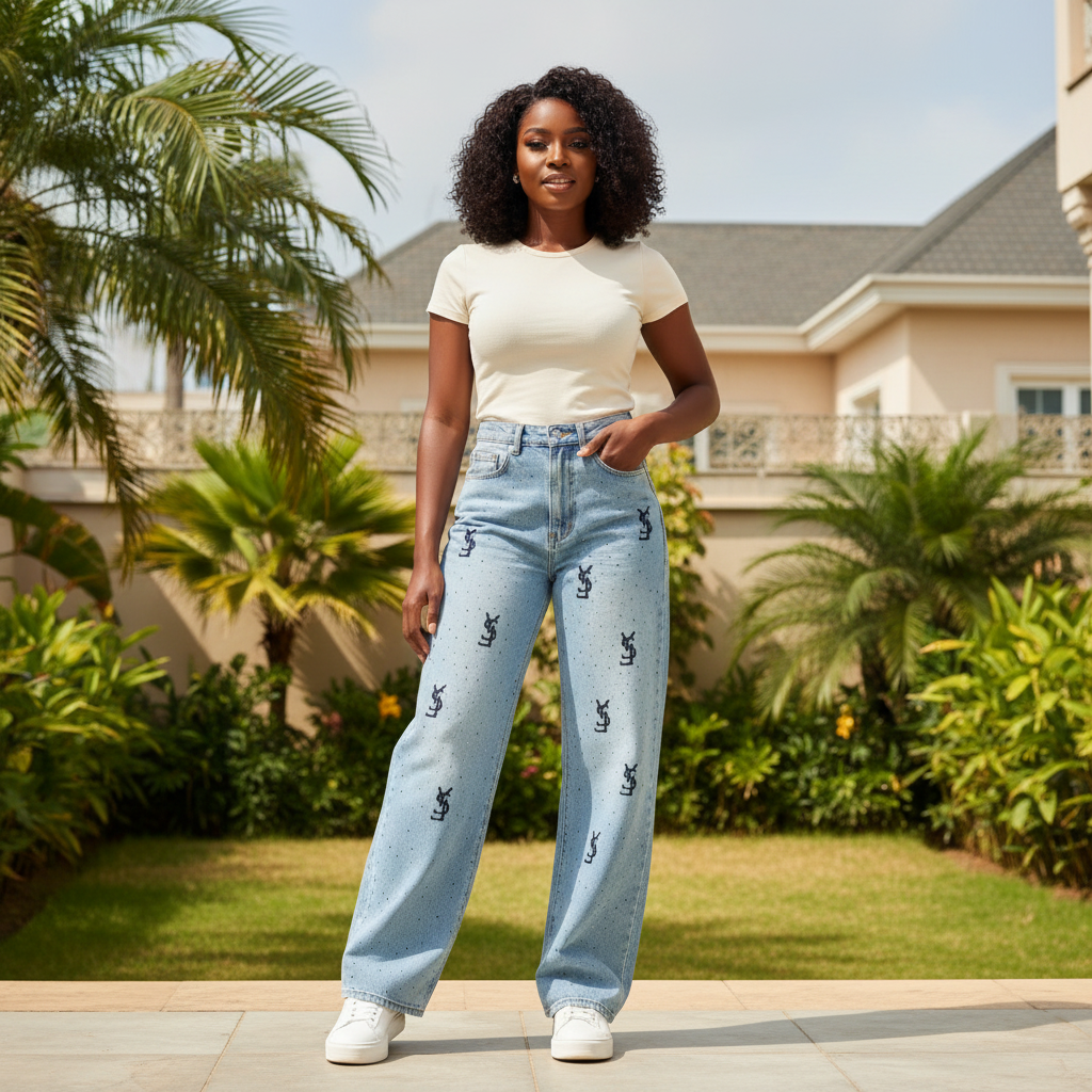 Nigerian female model wearing women's light blue monogram print rhinestone wide-leg jeans