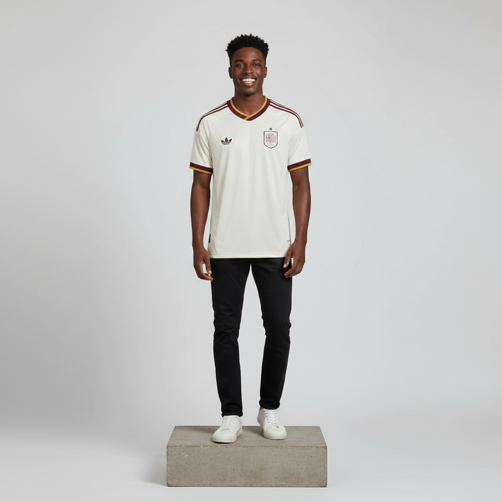 Nigerian male model wearing cream maroon gold trim football jersey on concrete plinth