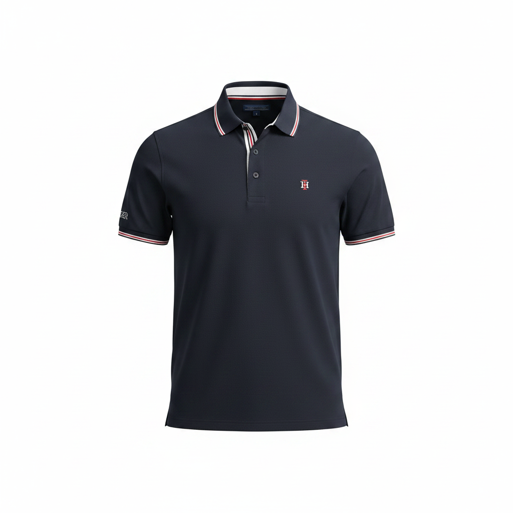 Ghost mannequin view of navy polo shirt with red and white stripe collar and cuffs
