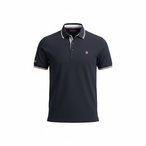 Ghost mannequin view of navy polo shirt with red and white stripe collar and cuffs