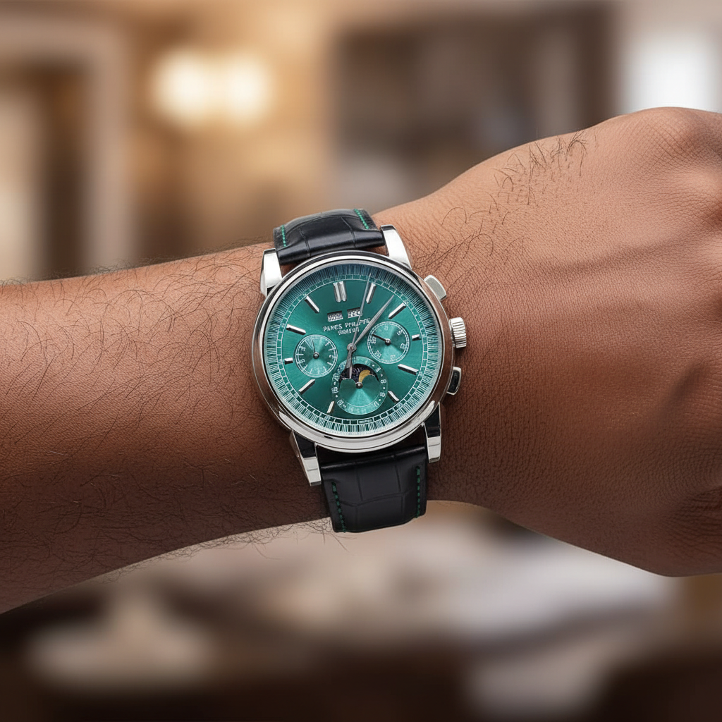Men's silver steel chronograph emerald green dial moon phase watch worn on Nigerian male model wrist — black strap lifestyle wrist shot