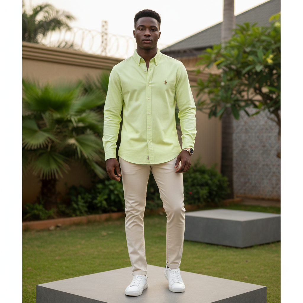 Nigerian male model wearing men's pastel lime green long-sleeve embroidered polo shirt, garden setting