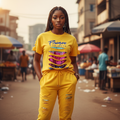 Young Nigerian female model wearing yellow sequin slash graphic set