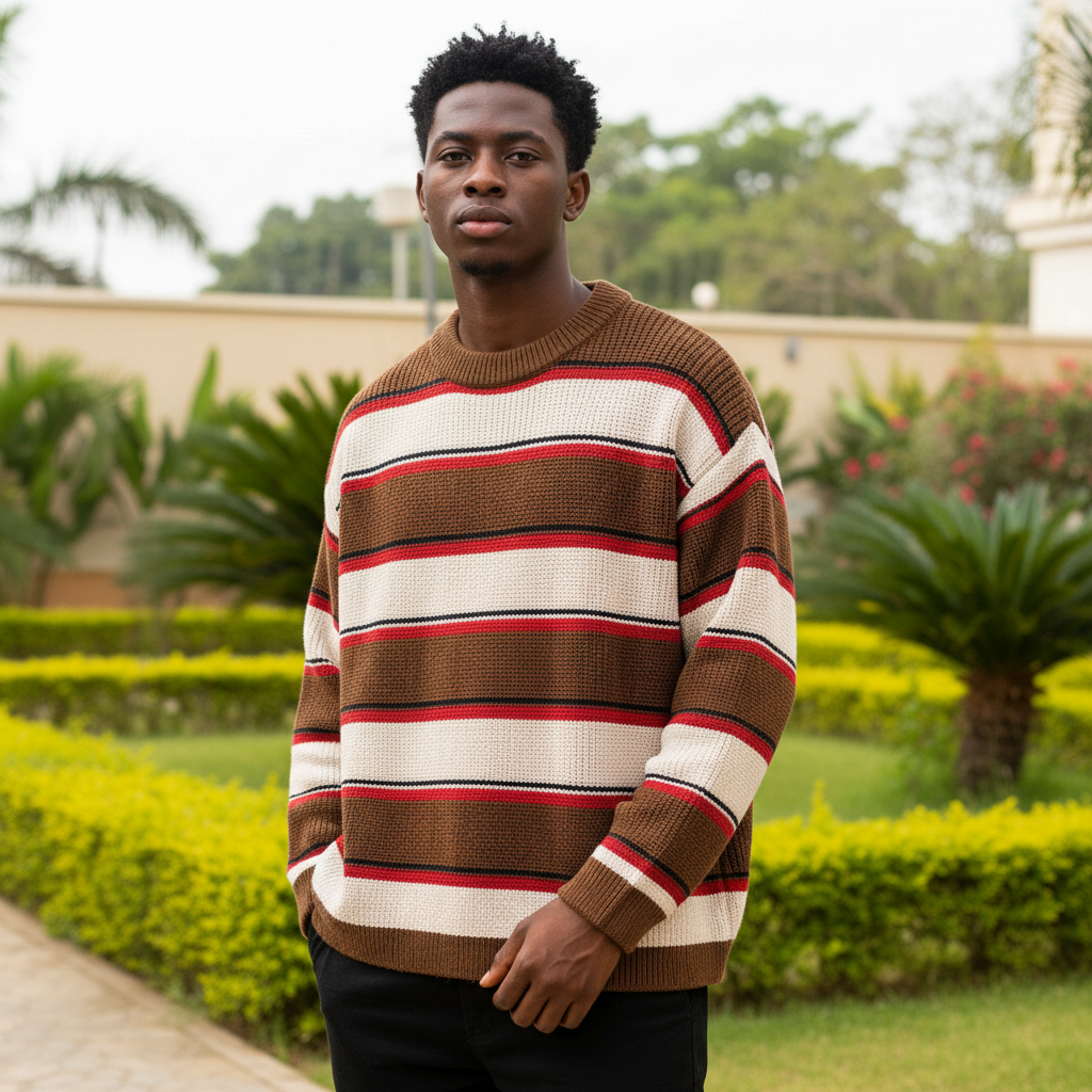 Nigerian male model wearing men's brown red cream stripe knit sweater