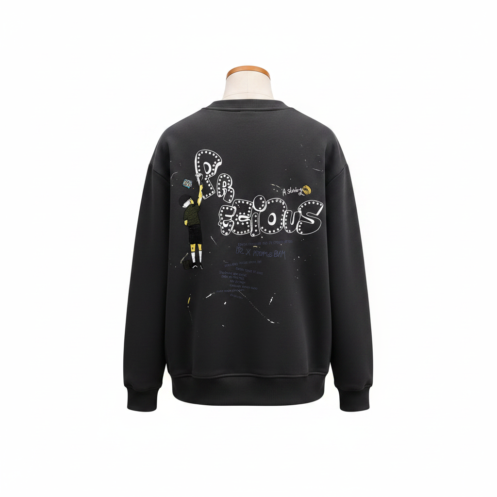 Unisex charcoal sweatshirt with cartoon character painting bubble letters back graphic – ghost mannequin back view