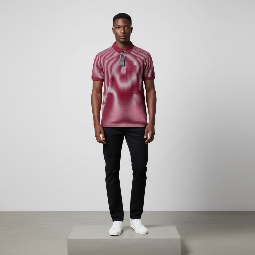 Burgundy White Striped Polo Shirt - Model Front