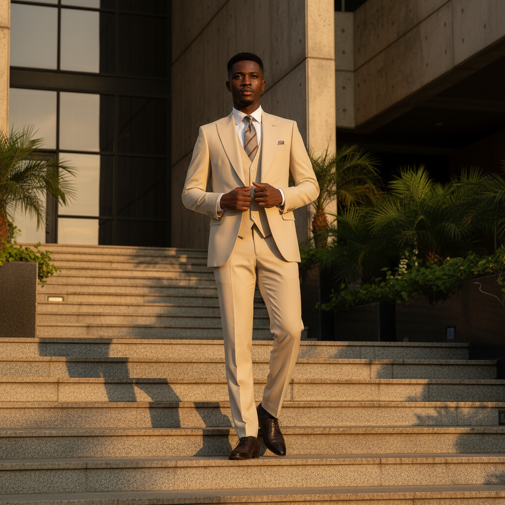 Nigerian male model wearing the Ivory Elite 3-Piece Suit â€“ outdoor golden hour backdrop