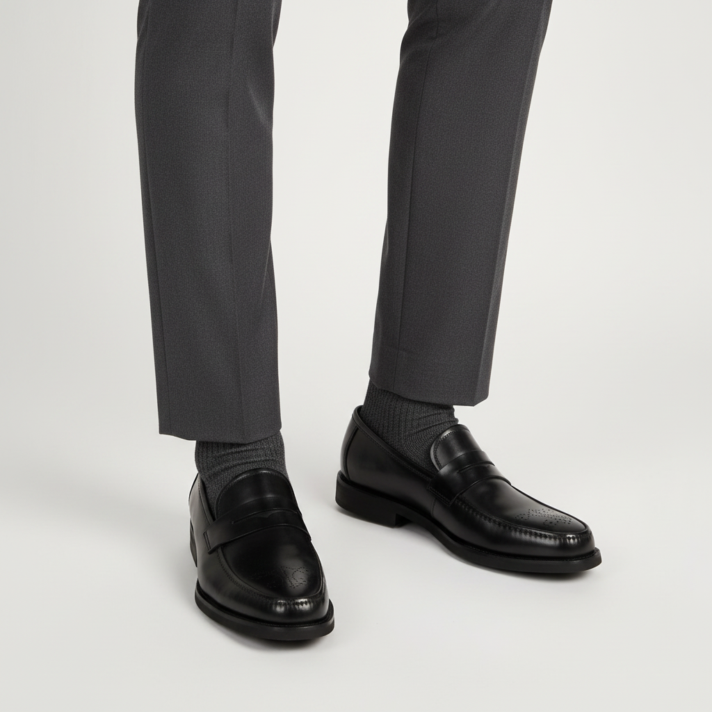 Close-up leg focus of men's black leather brogue toe penny loafer shoes