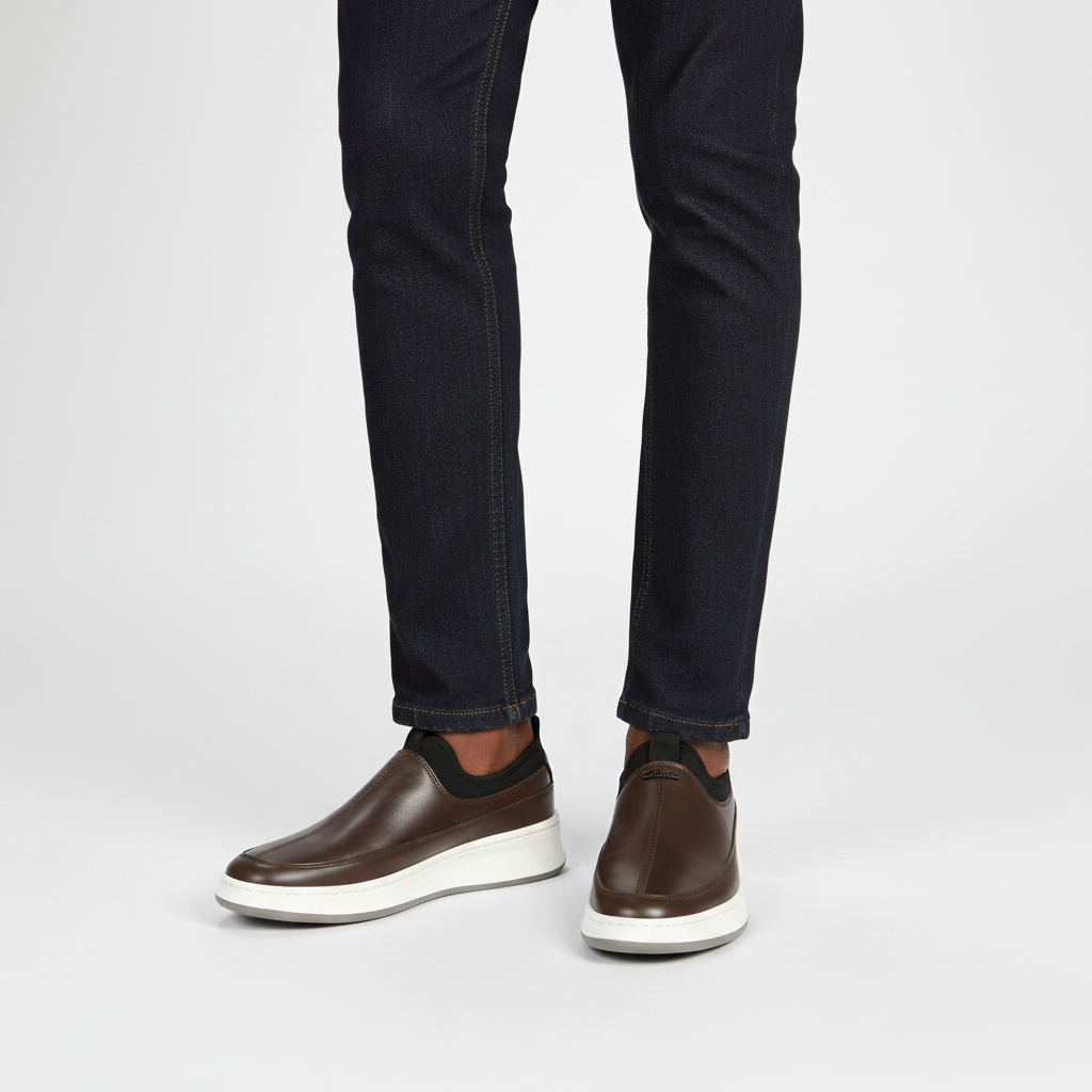 Man wearing brown leather slip-on sneakers with dark indigo jeans
