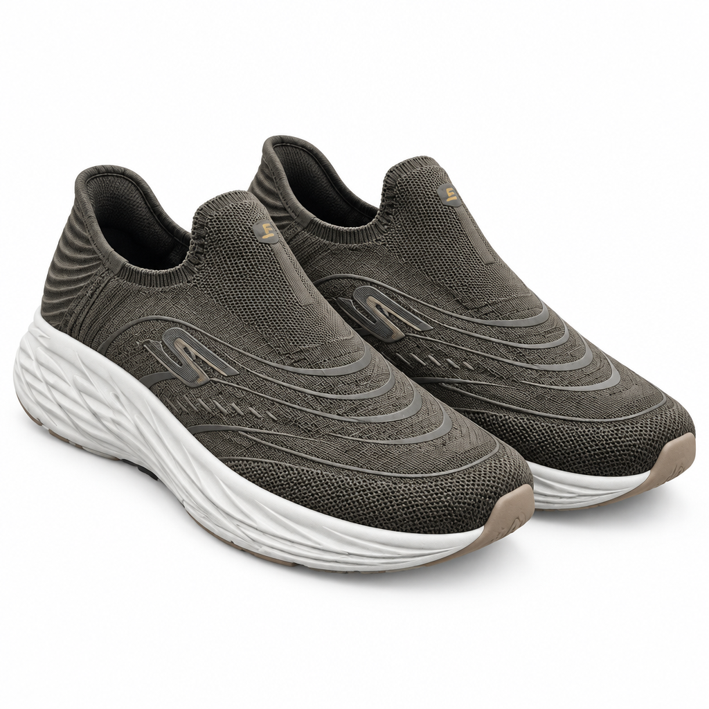 Olive knit slip-on cushioned walking sneakers pair
