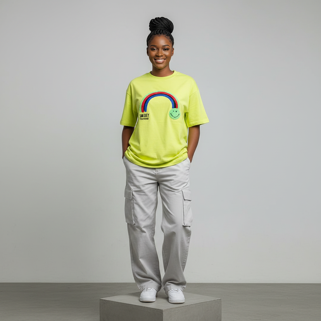 Nigerian female model front view wearing neon yellow rainbow smiley T-shirt