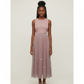 Nigerian girl wearing dusty mauve bow pleated midi skirt - front view