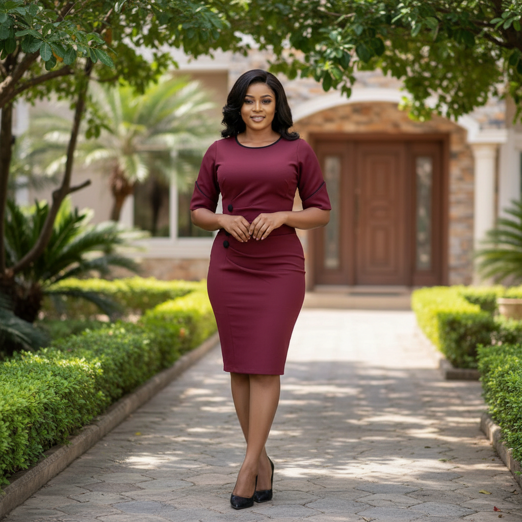 Women's Burgundy Ruched Button-Detail Bodycon Midi Dress - Nigerian Female Model