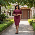Women's Burgundy Ruched Button-Detail Bodycon Midi Dress - Nigerian Female Model