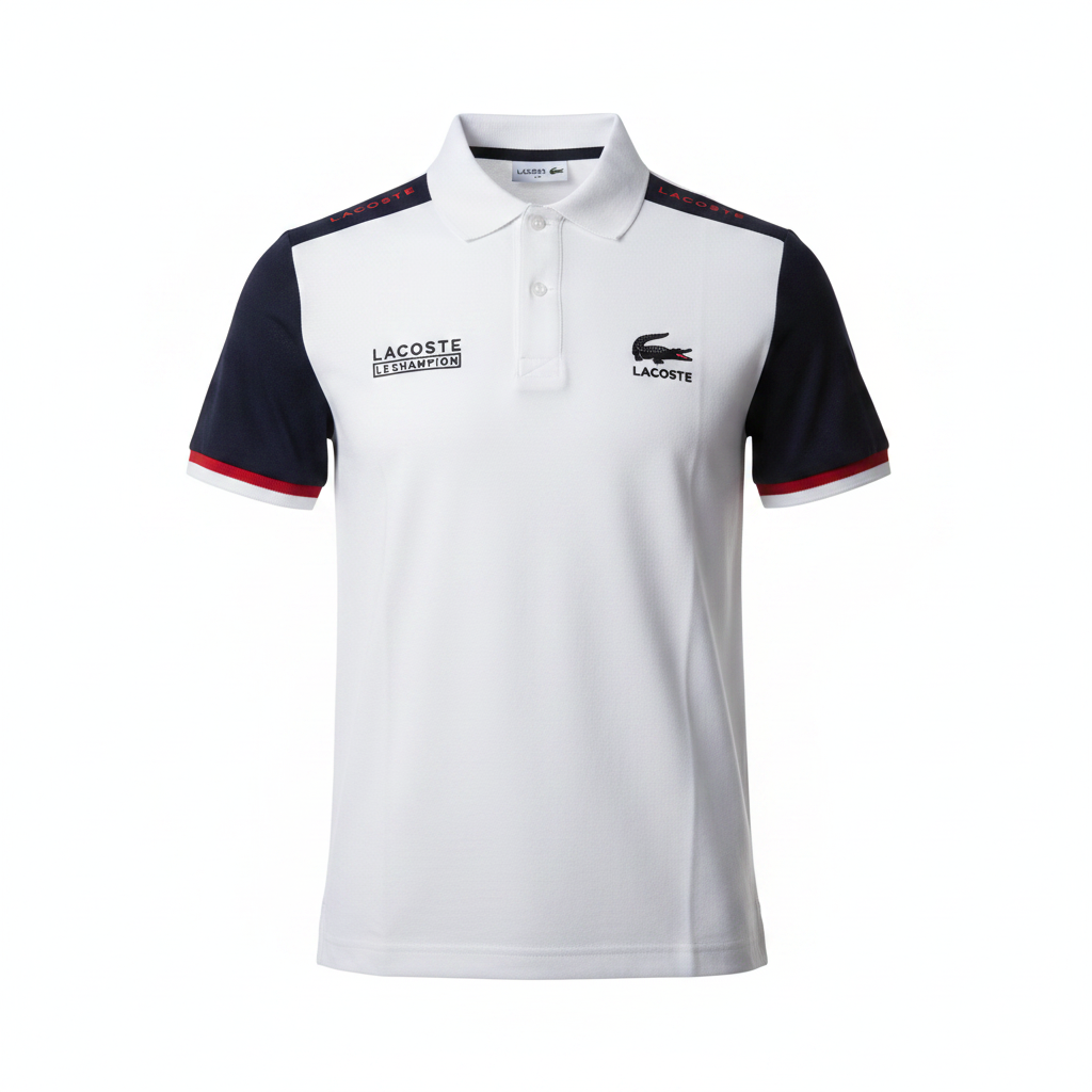 Ghost mannequin view of white and navy colour-block polo shirt