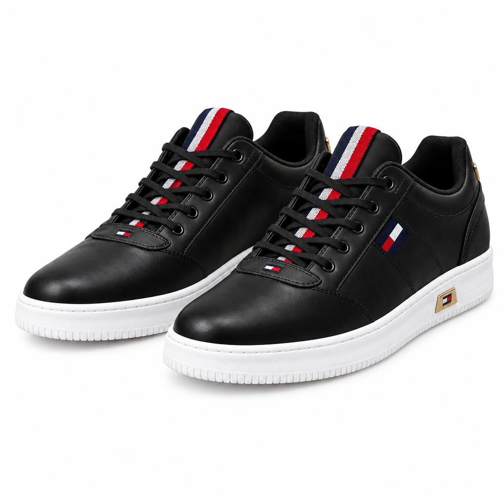 Black Leather Tricolour Stripe Court Sneaker - Ghost Mannequin