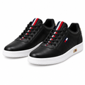 Black Leather Tricolour Stripe Court Sneaker - Ghost Mannequin