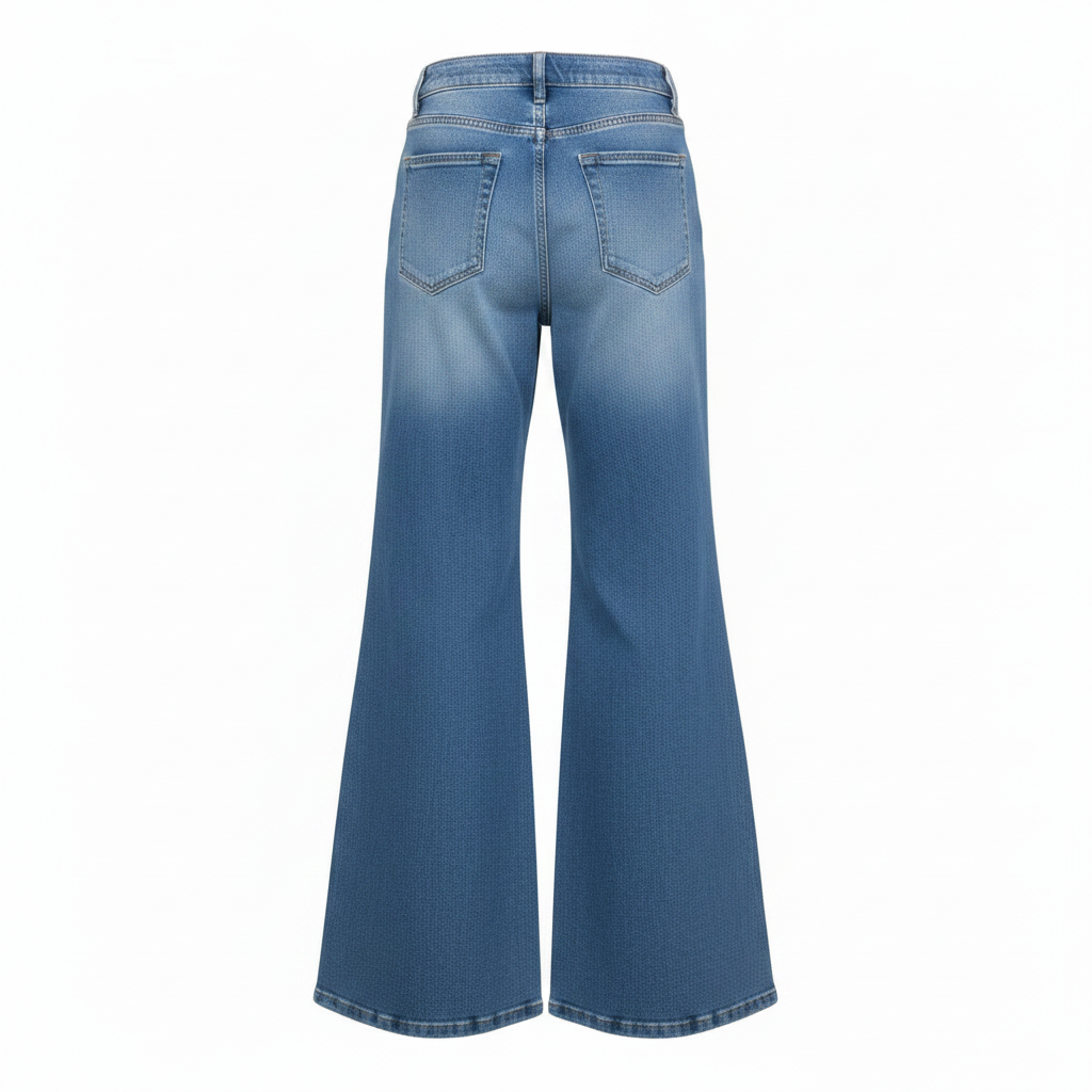 Ghost mannequin back view of blue panel seam wide-leg flare jeans