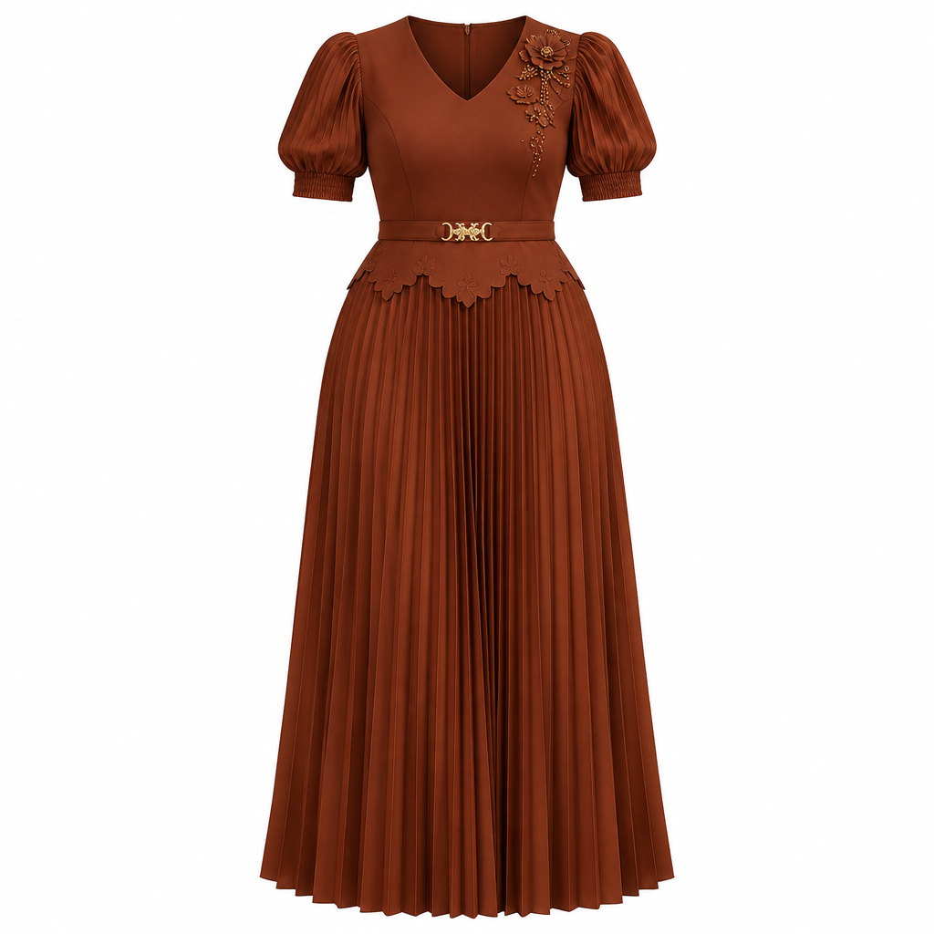 Rust brown floral-shoulder pleated dress on white background