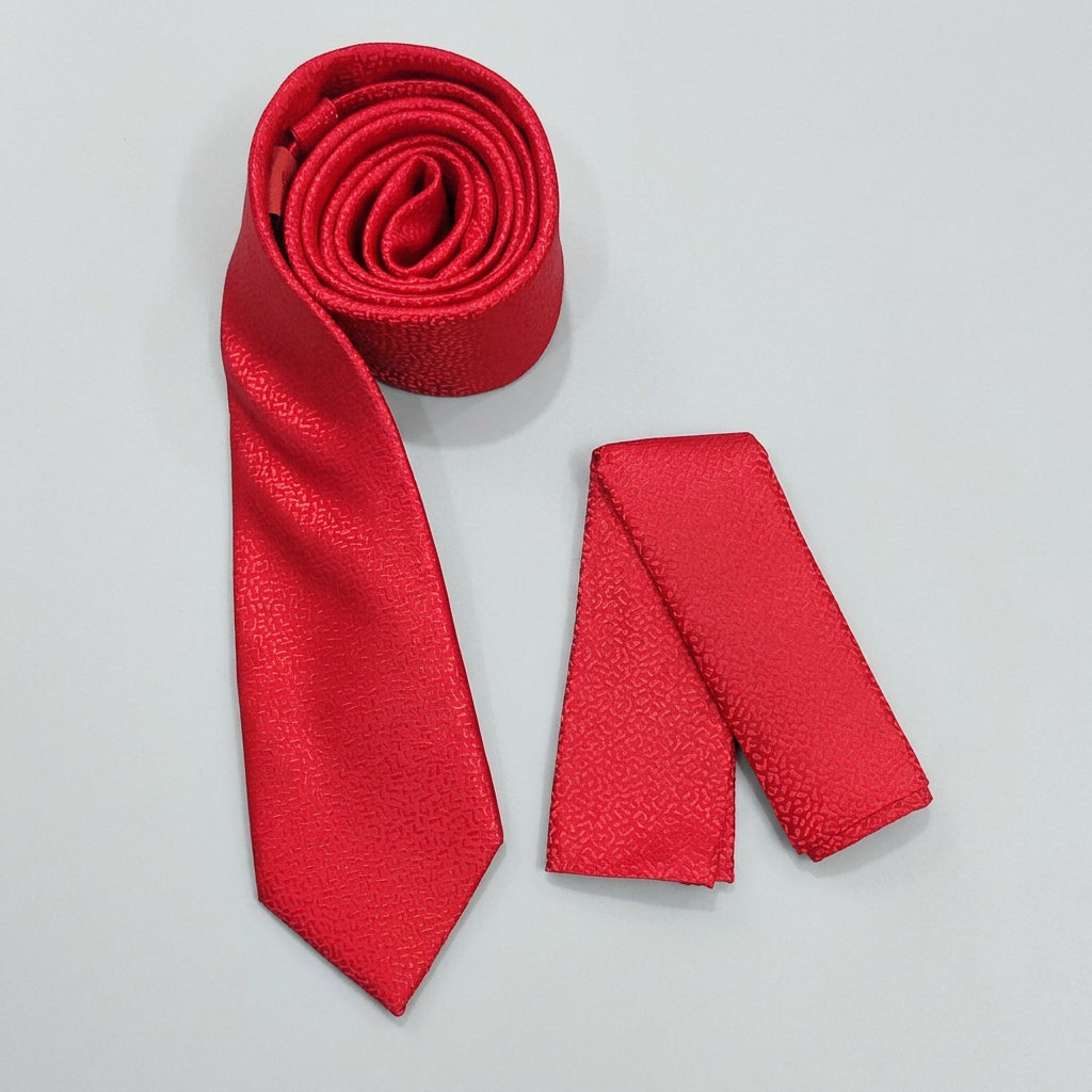 Red textured tie and matching pocket square on a neutral background