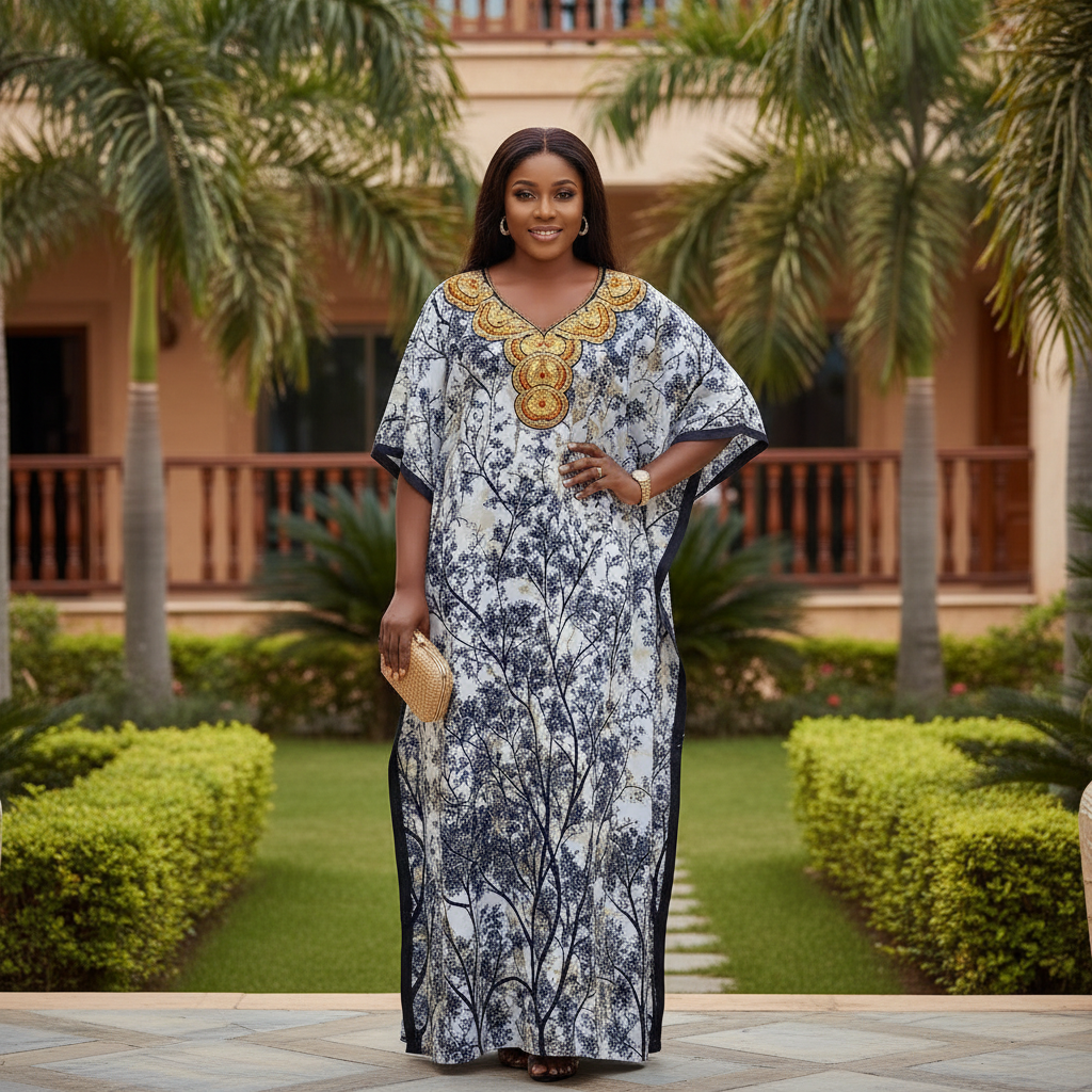 Nigerian female model wearing women's botanical print bubu kaftan dress in garden setting