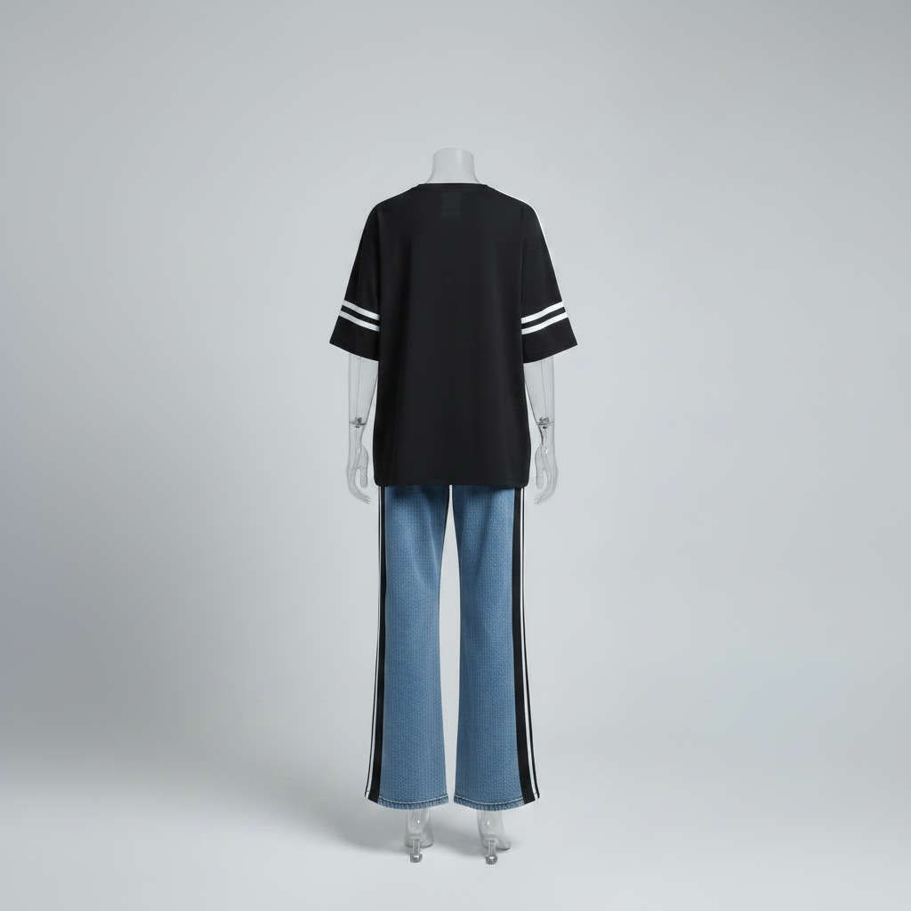 Ghost mannequin back view - black graphic top and blue denim striped jeans set
