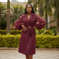 Burgundy Sheer Sleeve Ruffle Cuff Dress - Front Model View