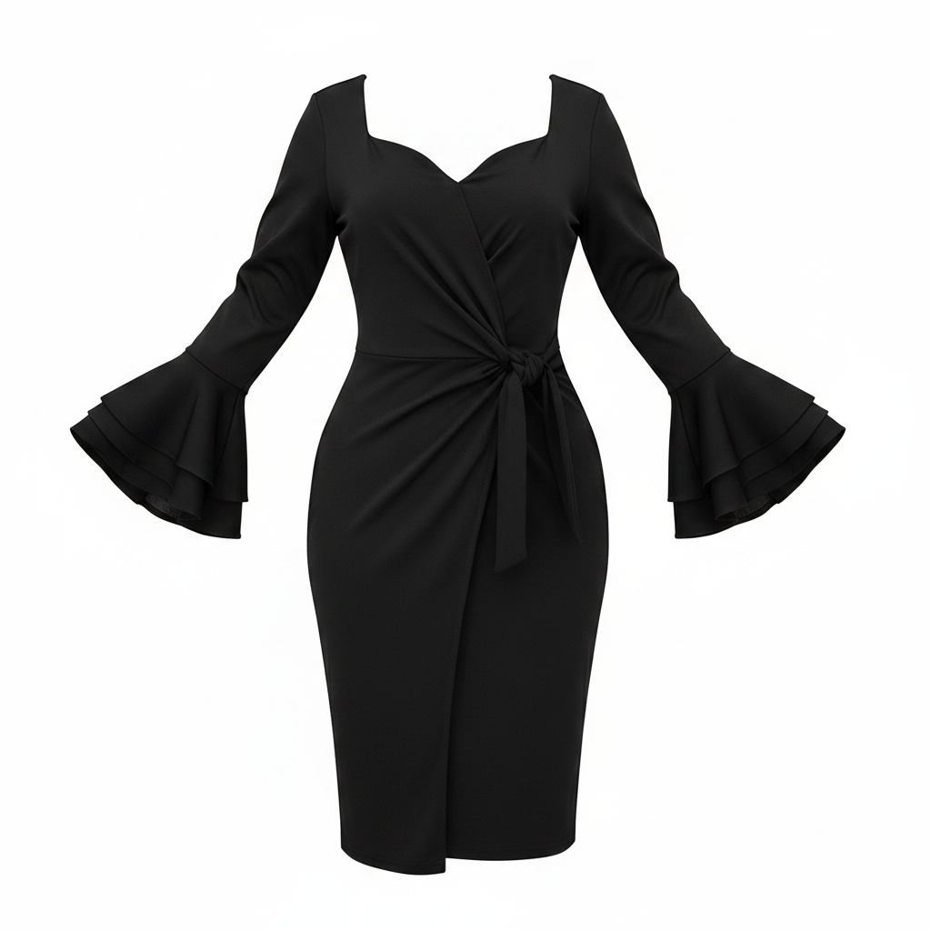 Women's Black Sweetheart Tiered Bell-Cuff Knot-Waist Midi Dress – Ghost Mannequin Front View