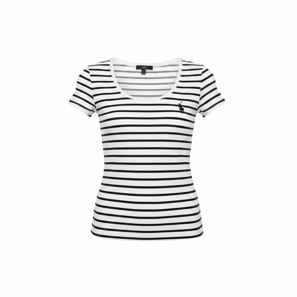 Ghost mannequin of white and black stripe fitted top