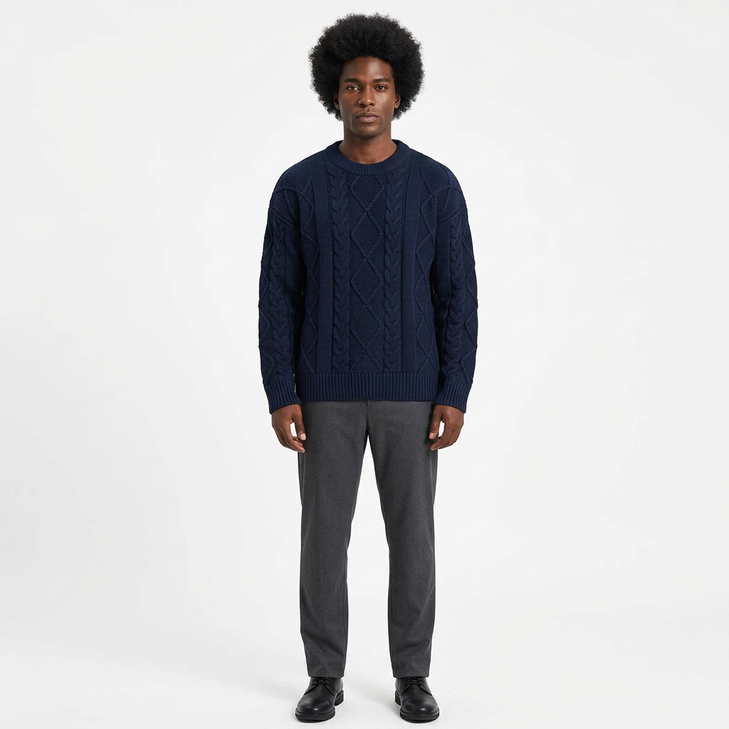 Full-body male model wearing a navy diamond cable-knit crew-neck sweater