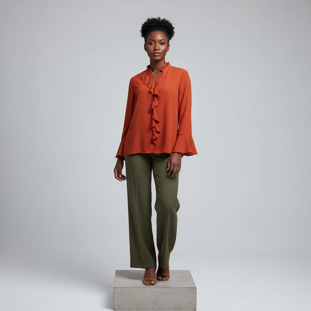 Nigerian female model wearing burnt orange ruffle long-sleeved blouse
