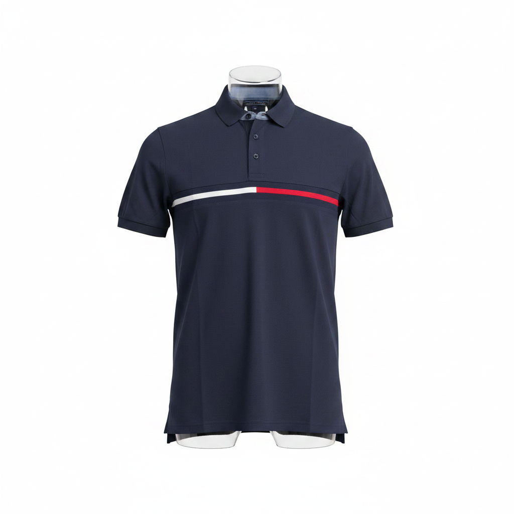 Ghost mannequin front view of navy blue chest stripe polo shirt