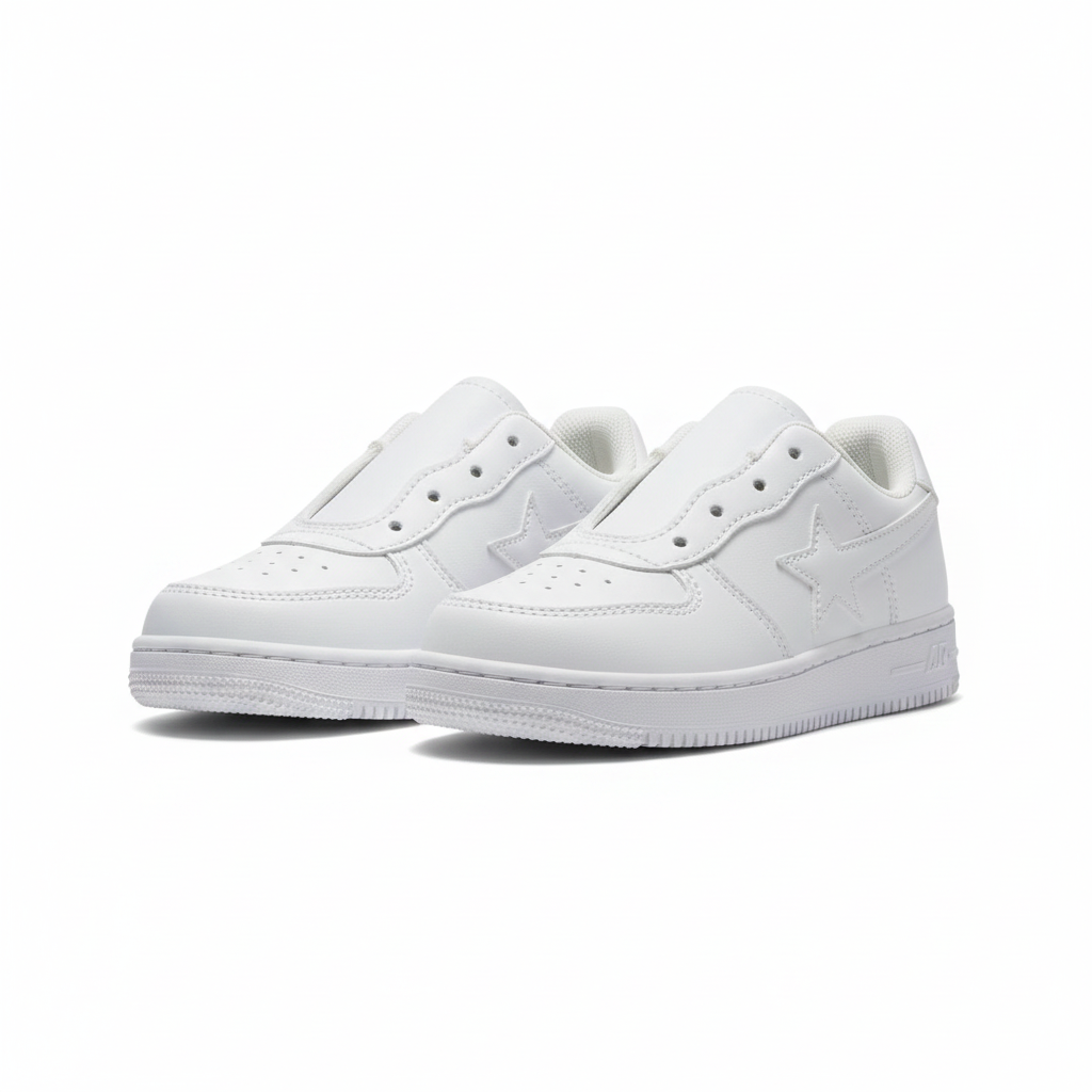 Kids' all-white low-top sneaker ghost mannequin pair front and profile view