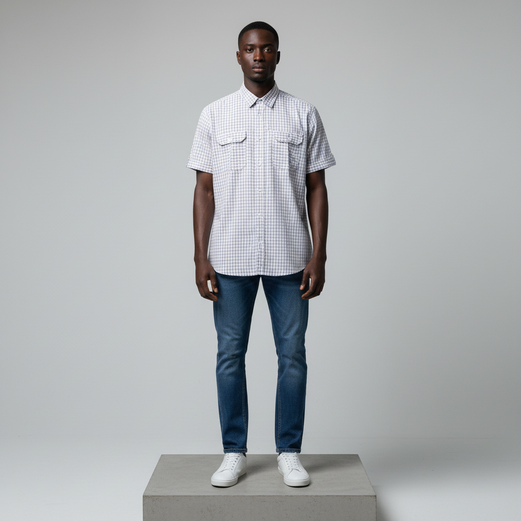 Nigerian male model wearing white and grey micro check short-sleeved shirt