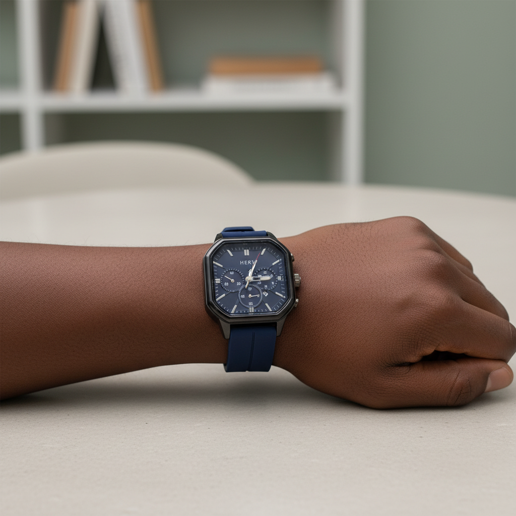 Blue multi-dial square watch worn on a wrist