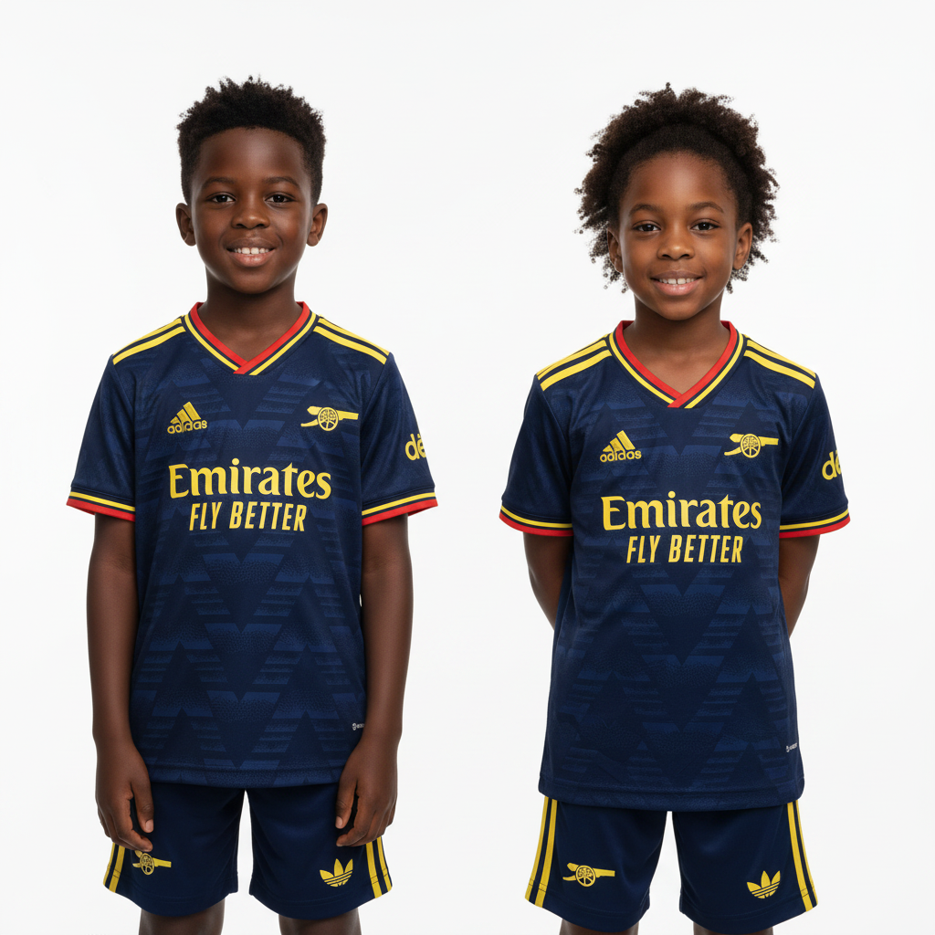 Black Nigerian boy and girl wearing Arsenal FC kids navy away football kit