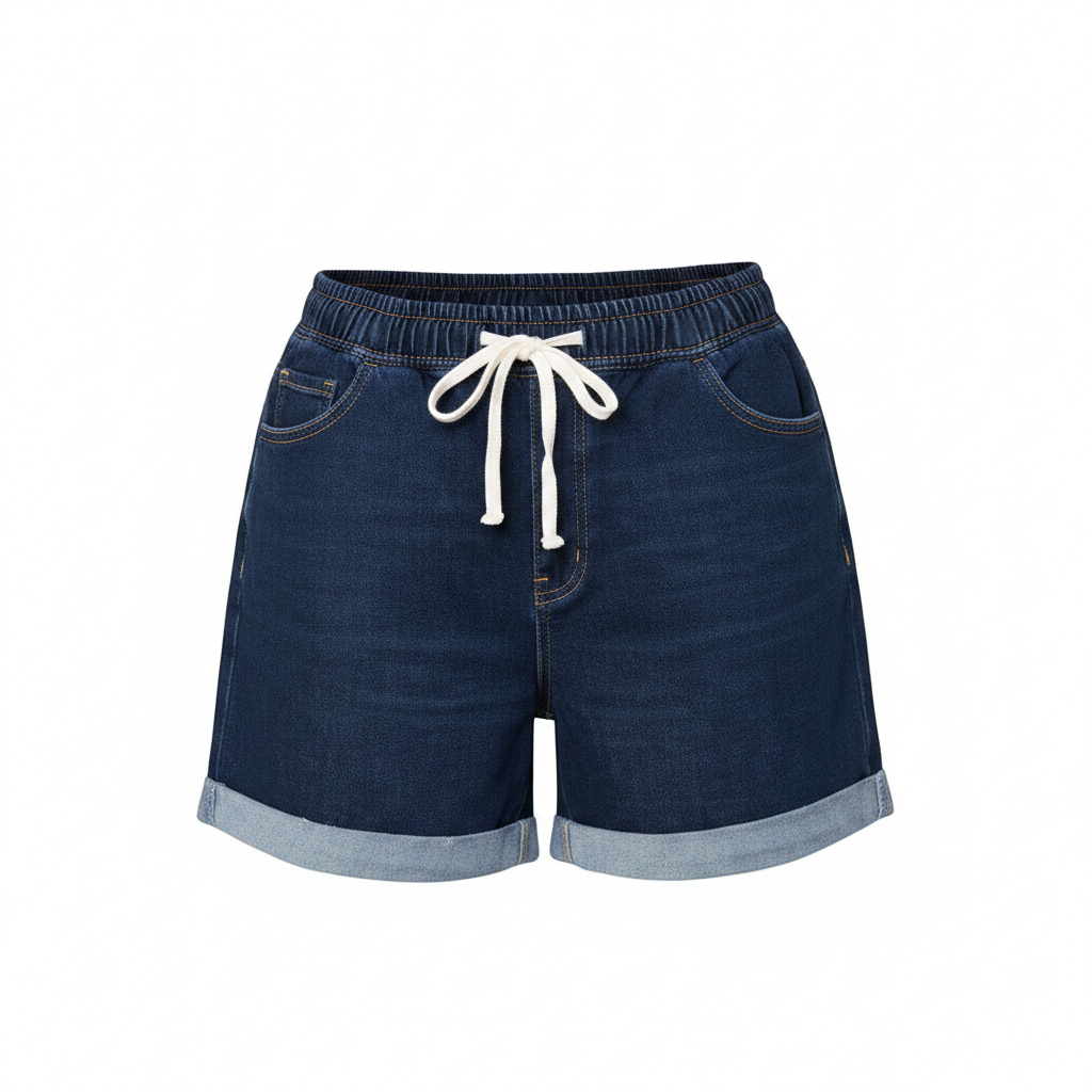 Ghost mannequin front view of navy blue drawstring cuffed denim shorts