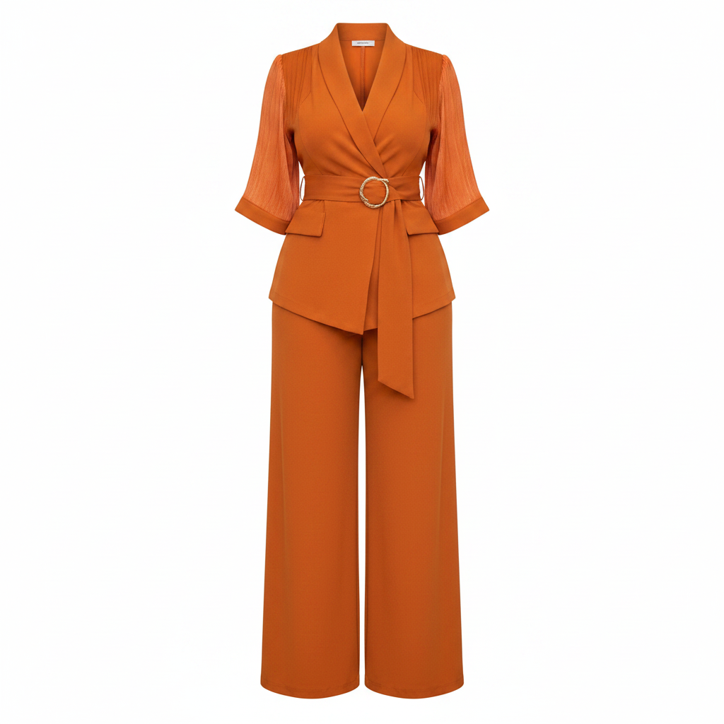 Women's 3/4-sleeve wrap-front belted wide-leg jumpsuit in orange – ghost mannequin front view