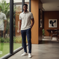 Nigerian male model wearing light grey polo shirt with stripe collar and cuffs