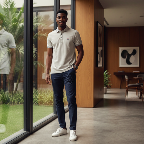 Nigerian male model wearing light grey polo shirt with stripe collar and cuffs