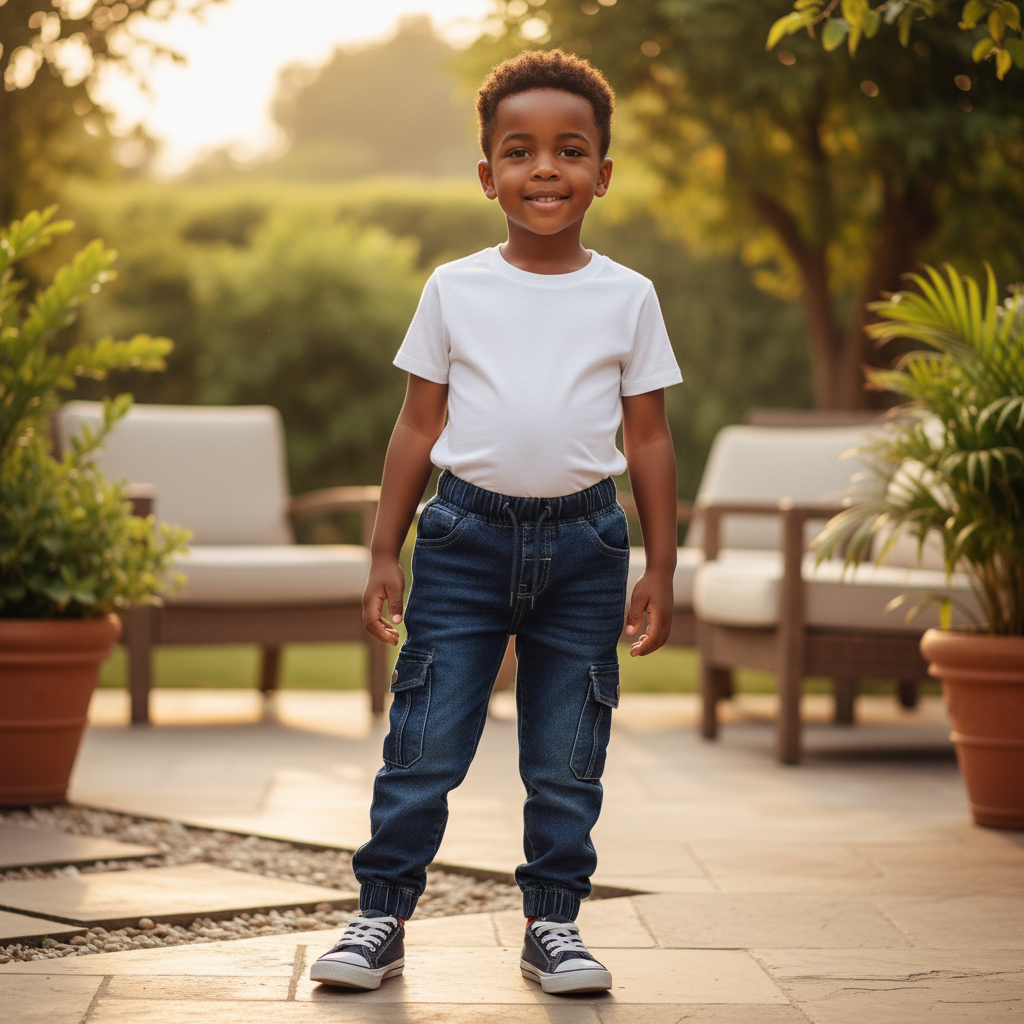 Boy aged 3 wearing Dark Wash Denim Cargo Jogger Pants - Model Shot