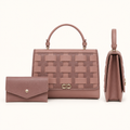 Mauve woven-panel structured handbag with matching envelope pouch, front and side views