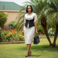 Nigerian female model wearing Women's Cream & Black Corset-Panel Short-Sleeve Bodycon Midi Dress
