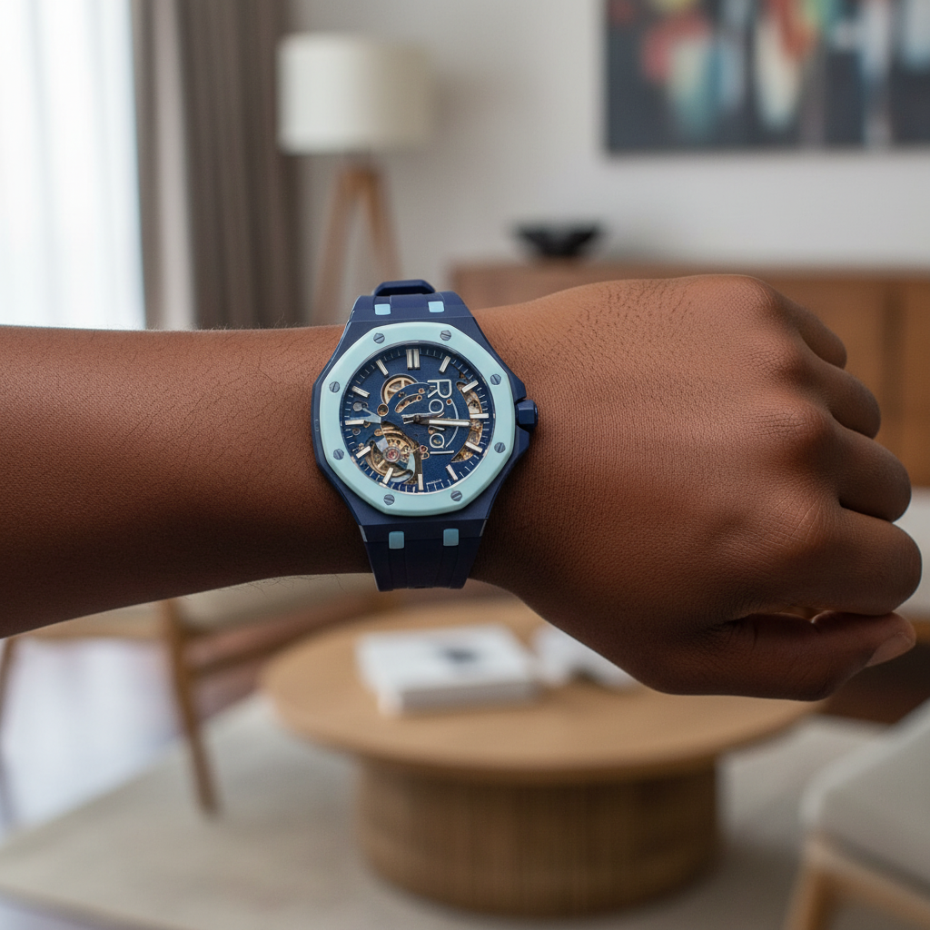 Nigerian model wearing unisex navy blue octagonal skeleton pop watch on wrist