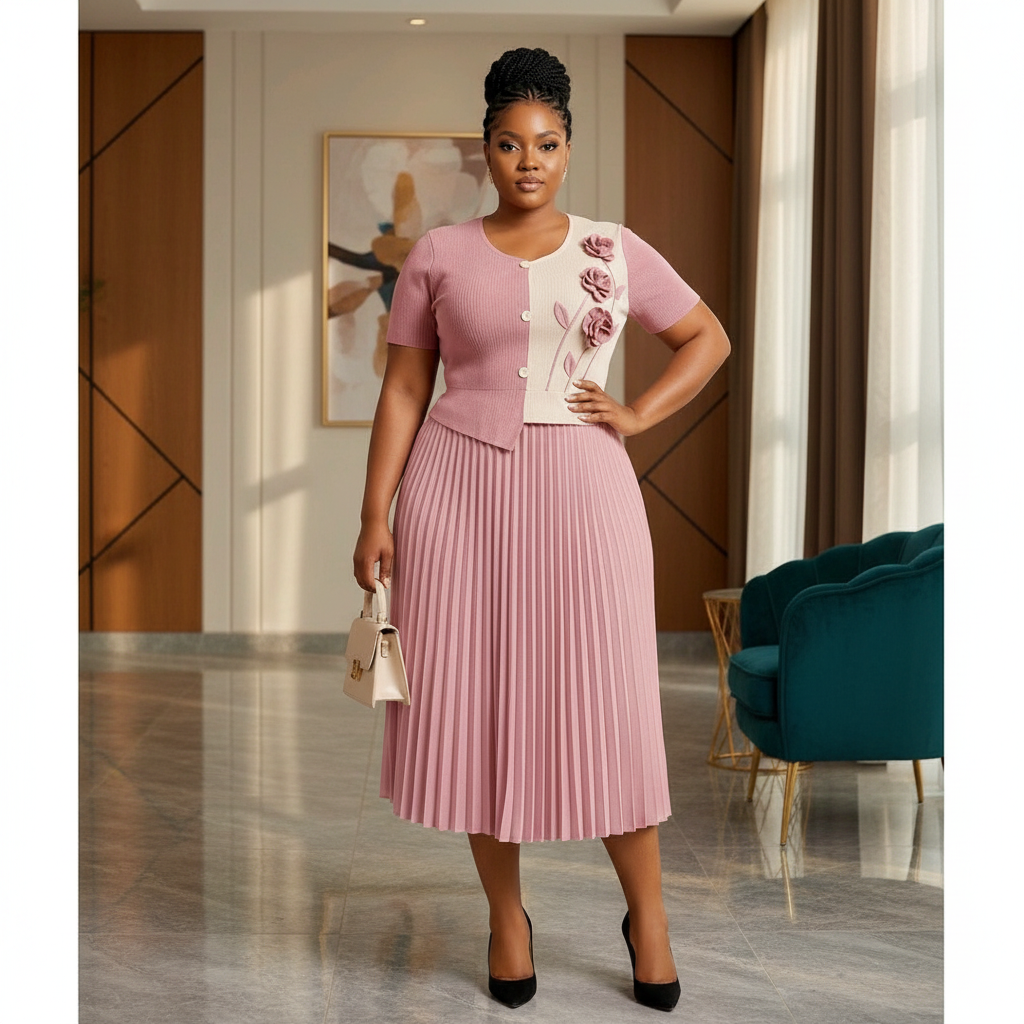 Dusty Rose 3D Floral Appliqué Ribbed Top & Pleated Midi Skirt Set – Model Shot