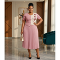 Dusty Rose 3D Floral Appliqué Ribbed Top & Pleated Midi Skirt Set – Model Shot